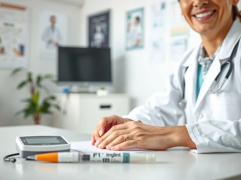 Diabetolog w gabinecie przy biurku z glukometrem i penem insulinowym, gotowy do omówienia leczenia cukrzycy