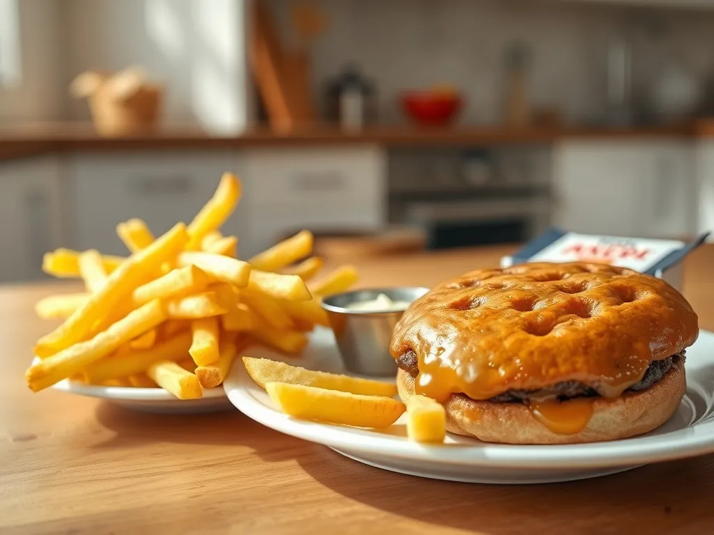 Talerz z frytkami, burgerem, margaryną i ciastkami jako przykłady produktów bogatych w tłuszcze trans