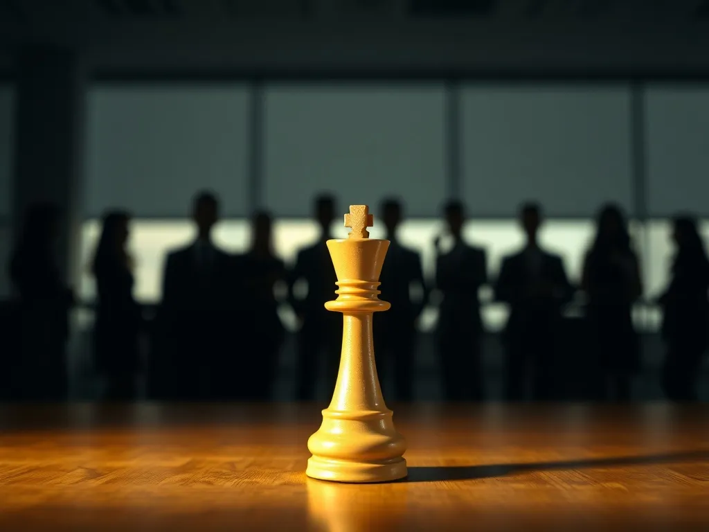 Pionek szachowy w półcieniu na tle grupy ludzi, symbolizujący moralne wybory i efekt Lucyfera w sytuacjach społecznych.