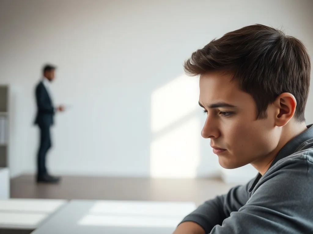 Zamysłowany człowiek przy biurku, w tle rozmyte sylwetki sugerujące cichą ocenę i niskie oczekiwania otoczenia.