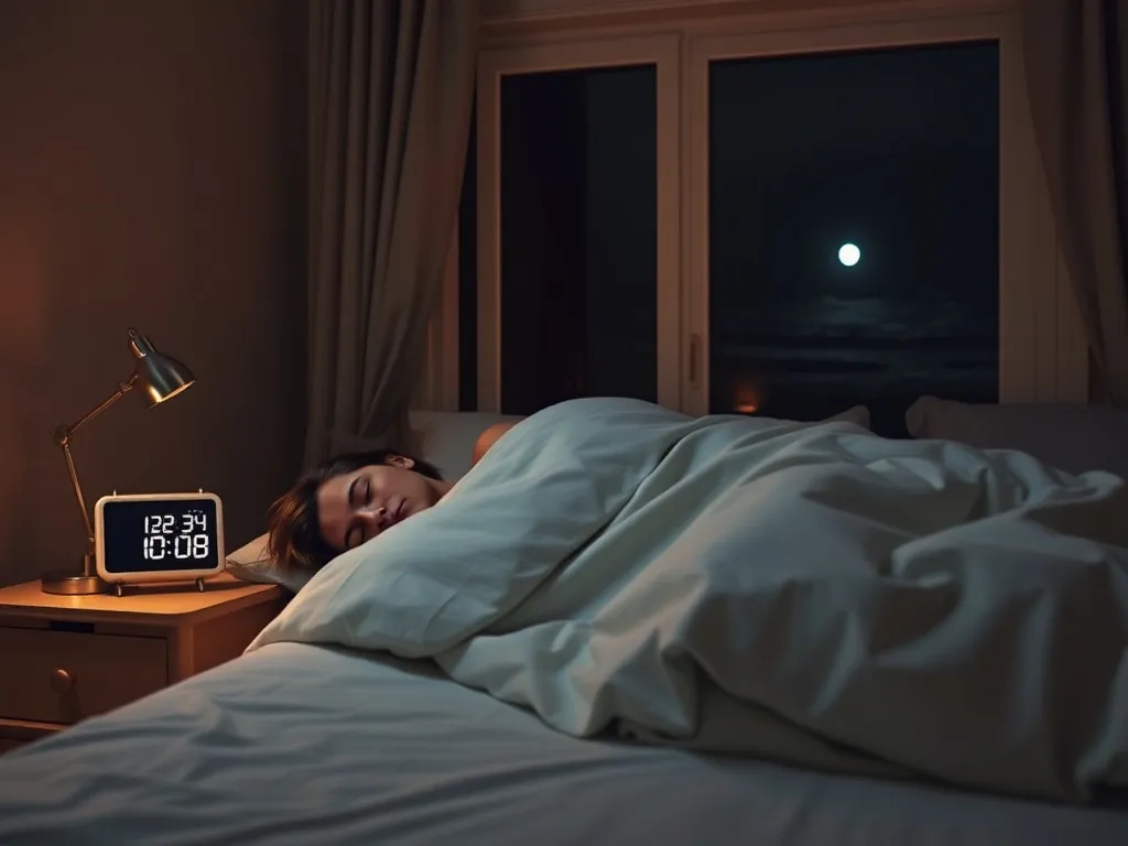 Osoba śpi spokojnie w przytulnej sypialni nocą, delikatne światło lampki i zegar wskazują optymalne godziny snu