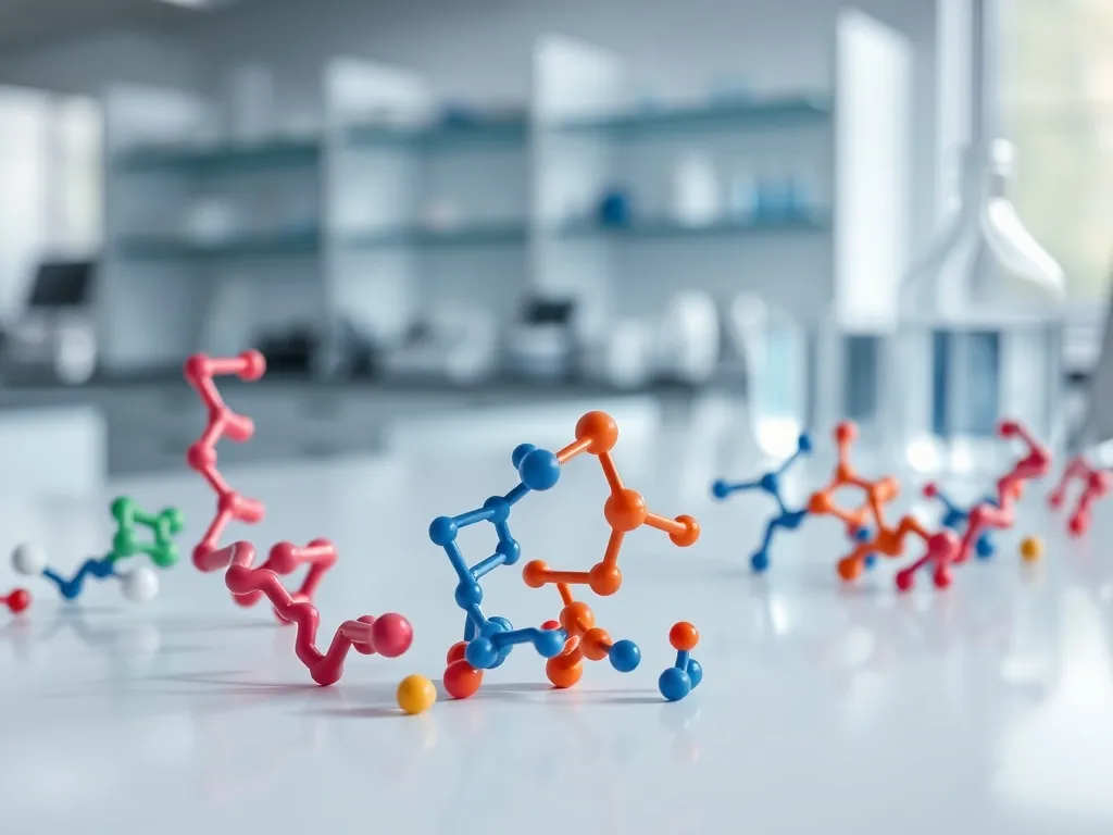 Kolorowe modele 3D enzymów wiążące substraty na białym stole laboratoryjnym w nowoczesnym, jasnym laboratorium.