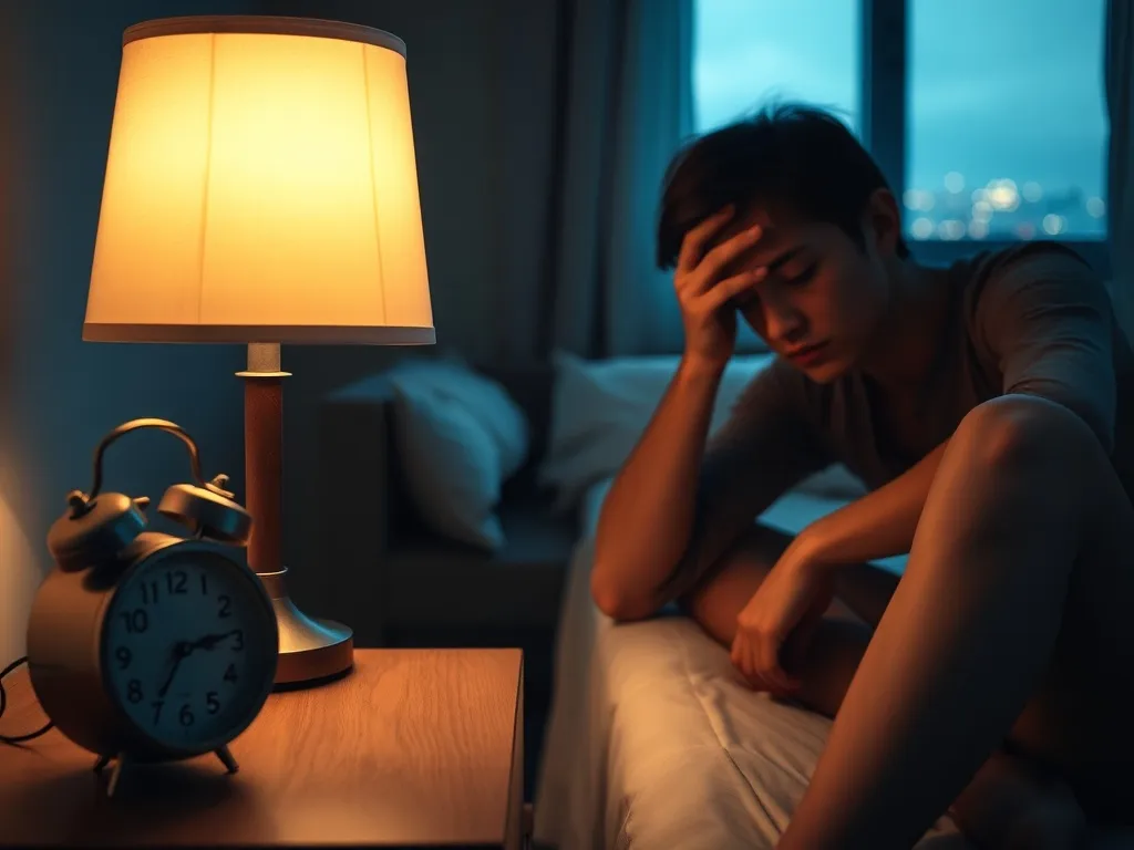 Zmęczona osoba na skraju łóżka przeciera oczy w środku nocy, obok świeci lampka i stoi budzik wskazujący późną godzinę.