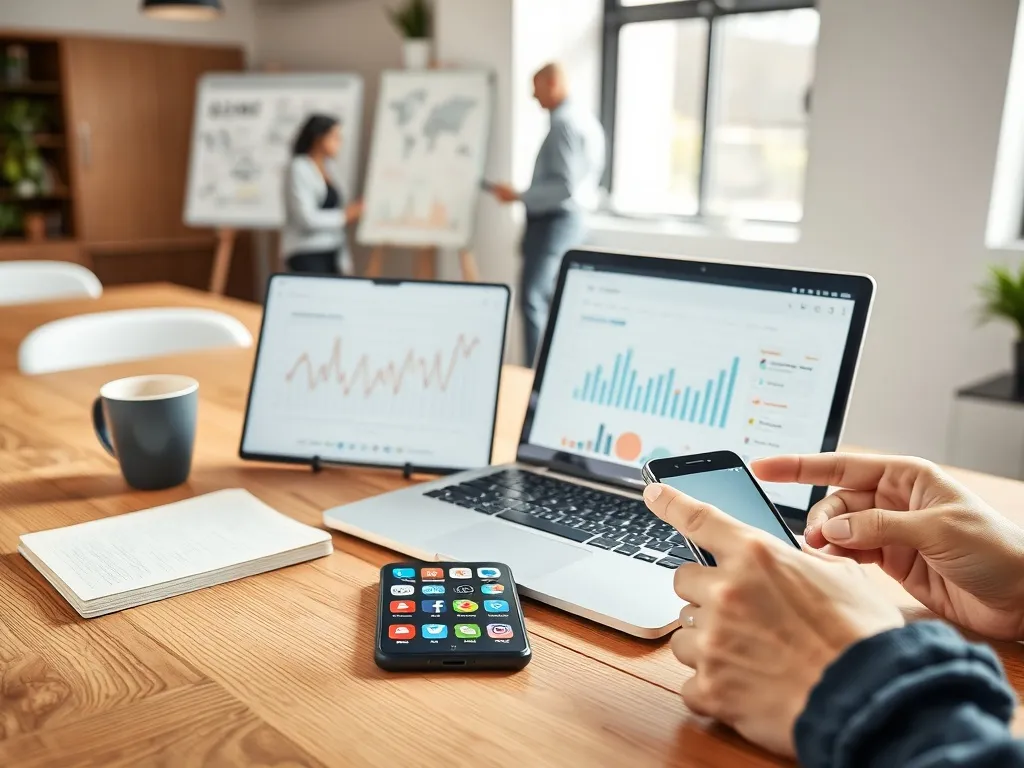 Osoba analizuje statystyki na laptopie i smartfonie z ikonami social media, w tle zespół omawia wyniki na tablicy.