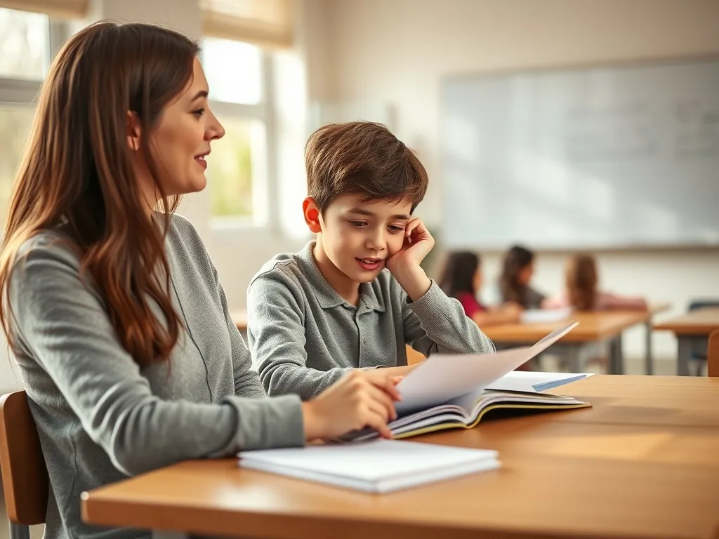 Nauczyciel z życzliwym wyrazem twarzy wspiera ucznia przy ławce, podkreślając wpływ oczekiwań na jego rozwój