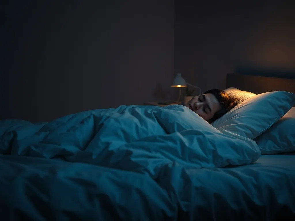 Osoba śpiąca na boku w przytulnej, minimalistycznej sypialni nocą, pod miękką kołdrą, w ciepłym świetle lampki nocnej