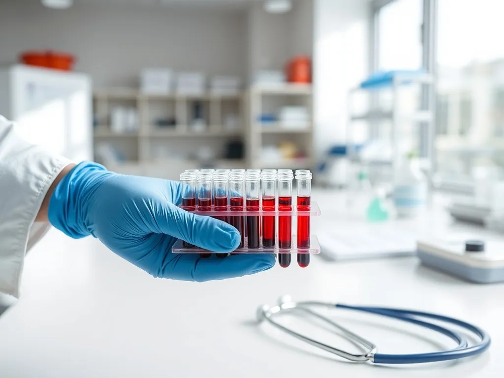 Hematolog w rękawiczkach trzyma stojak z próbkami krwi, na biurku stetoskop, w tle nowoczesne wyposażenie gabinetu