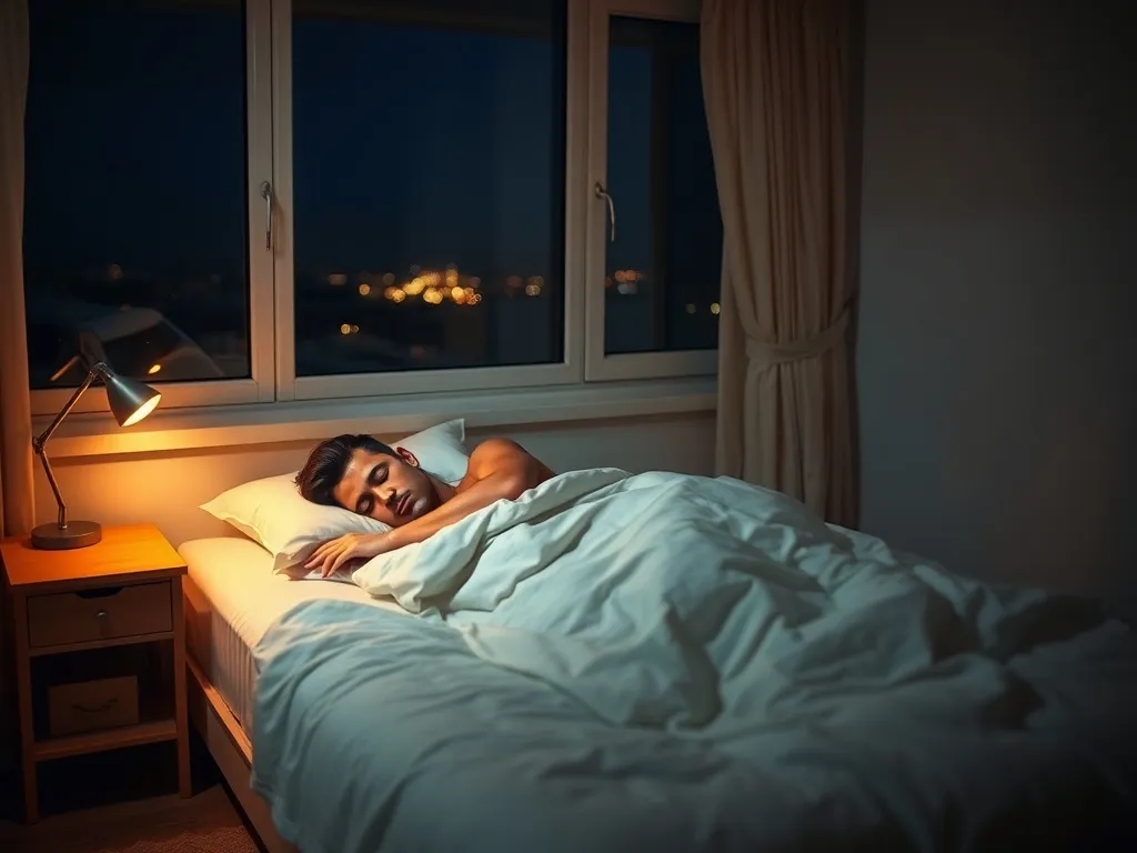 Dorosła osoba spokojnie śpi w przytulnej, minimalistycznej sypialni nocą, podkreślając znaczenie regenerującego, głębokiego snu.