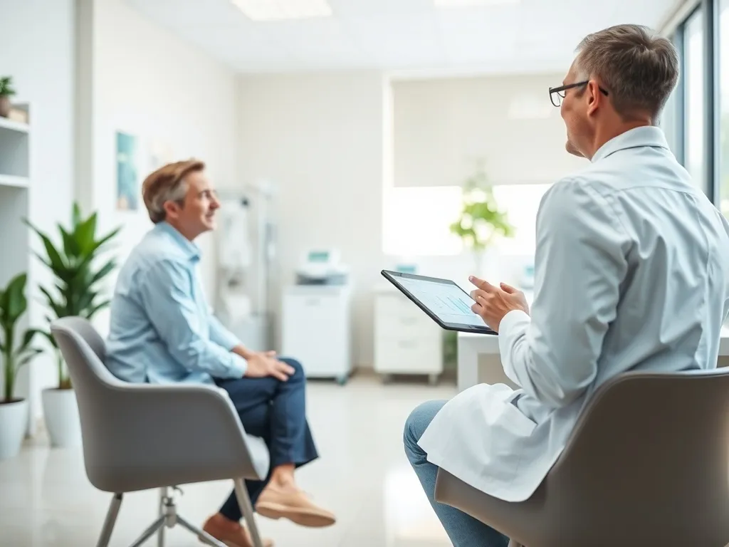 Pacjent rozmawia z urologiem w nowoczesnym gabinecie, lekarz spokojnie wyjaśnia wyniki badań na tablecie.
