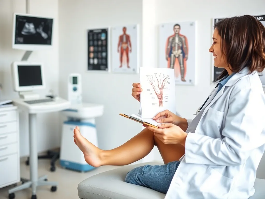 Lekarz angiolog bada nogę pacjenta i omawia z nim schemat naczyń krwionośnych w spokojnym gabinecie.