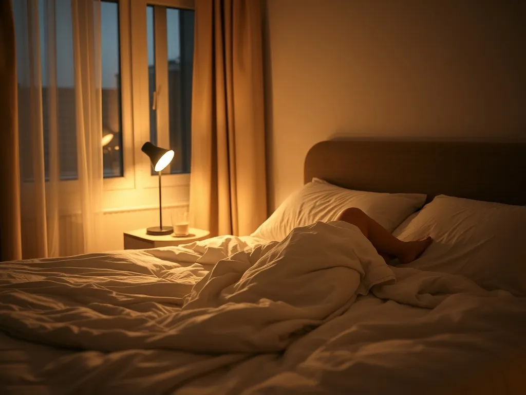 Przytulna sypialnia nocą z nie do końca zasłanym łóżkiem, ciepłym światłem lampki i spokojną, sprzyjającą snu atmosferą.