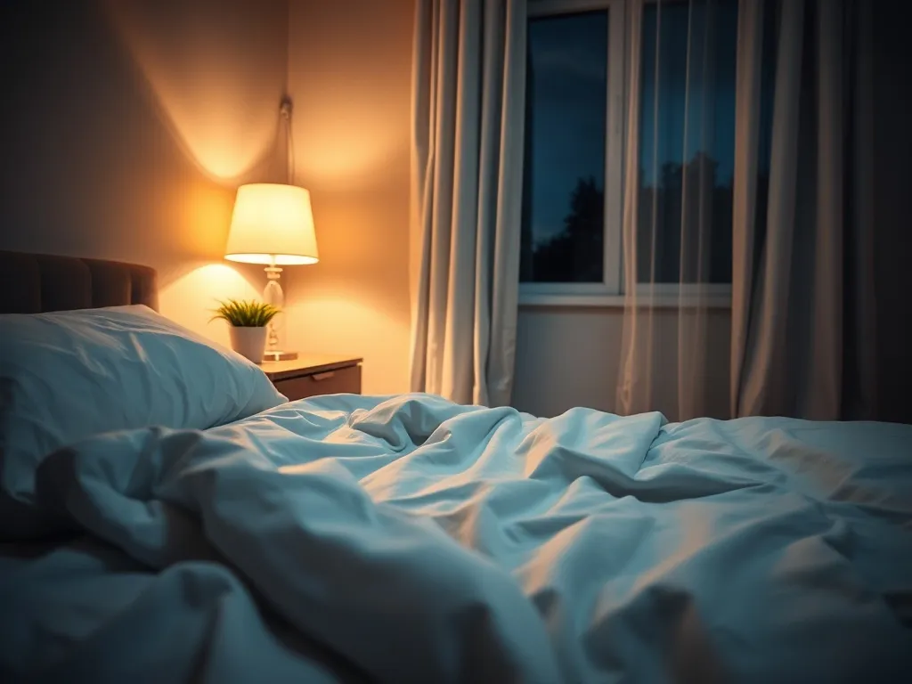 Przytulna sypialnia nocą z miękką pościelą i ciepłym światłem lampki, podkreślająca znaczenie spokojnego snu dla zdrowia.