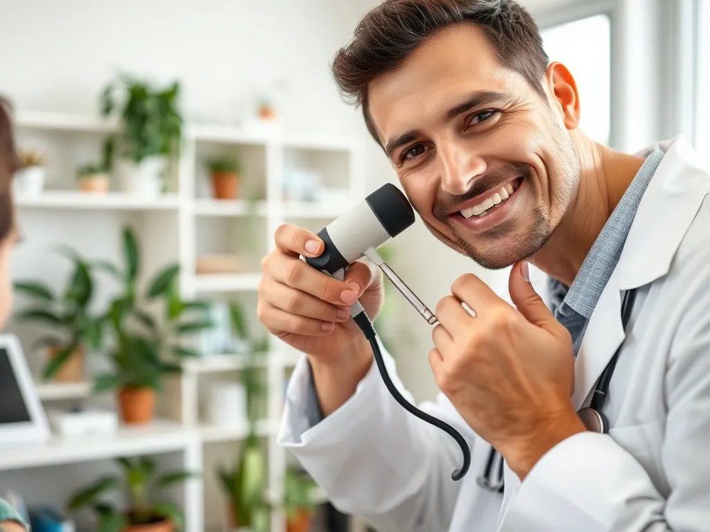 Laryngolog w białym fartuchu bada ucho pacjenta otoskopem w jasnym, nowoczesnym gabinecie lekarskim.