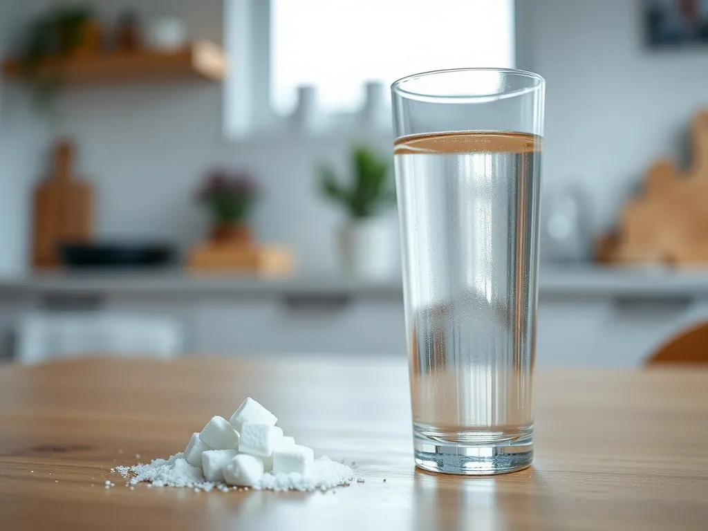 Szklanka wody, kostki cukru i model cząsteczki glukozy ilustrują budowę i rolę glukozy w organizmie człowieka.