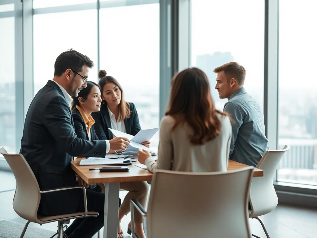 Część pracowników aktywnie omawia dokumenty przy biurku, podczas gdy inni w tym samym zespole pozostają bierni i rozproszeni.