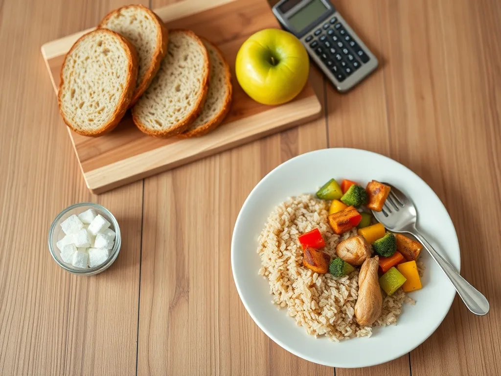 Talerz z ryżem, kurczakiem i warzywami obok miseczki kostek cukru, w tle pieczywo, jabłko i kalkulator ilustrujące ładunek glikemiczny.