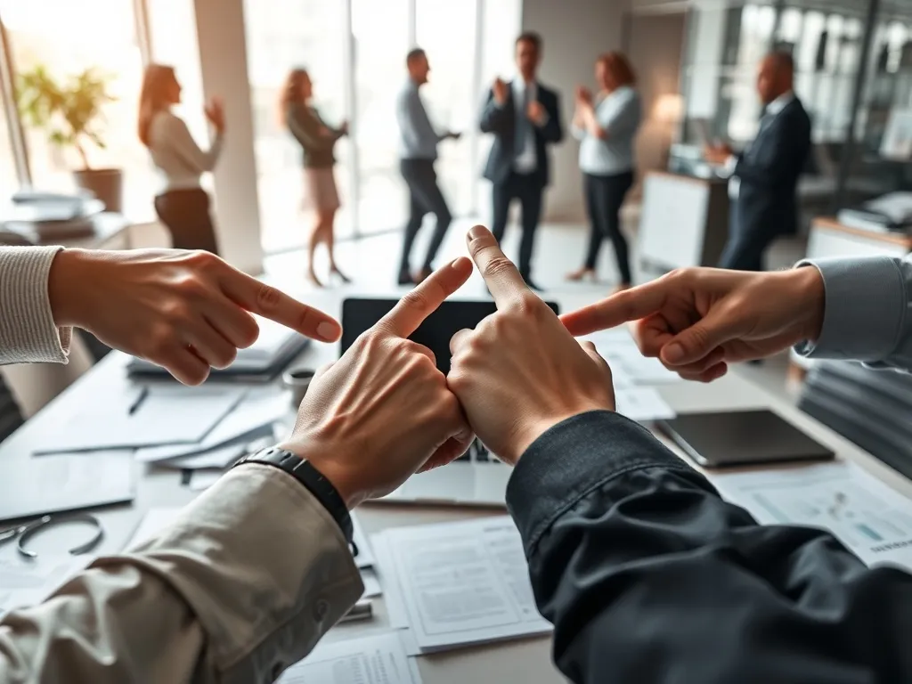 Ręce pracowników wzajemnie się oskarżają nad zabałaganionym biurkiem, symbolizując rozproszenie odpowiedzialności i chaos.