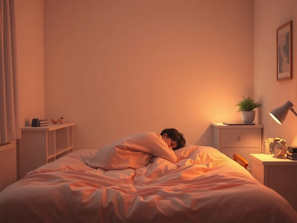 Przytulna sypialnia nastolatka nocą z zarysowaną sylwetką śpiącej osoby i budzikiem ustawionym na wczesny poranek