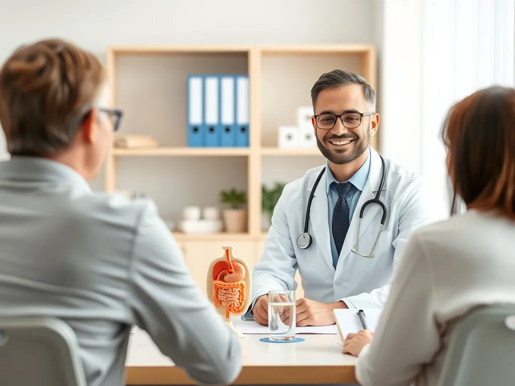 Lekarz gastroenterolog spokojnie rozmawia z pacjentem w gabinecie, na biurku model układu pokarmowego podkreśla temat wizyty.