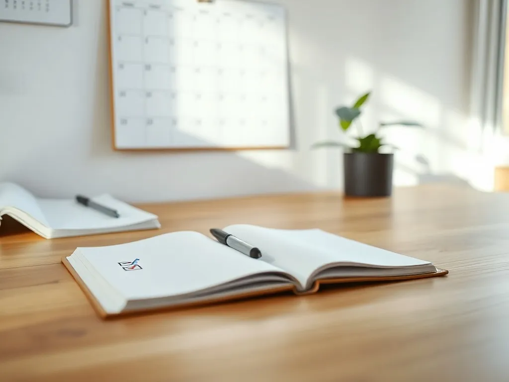 Minimalistyczne biurko z notesem i listą zadań, symbolizujące konsekwencję, rutynę i systematyczną realizację celów.