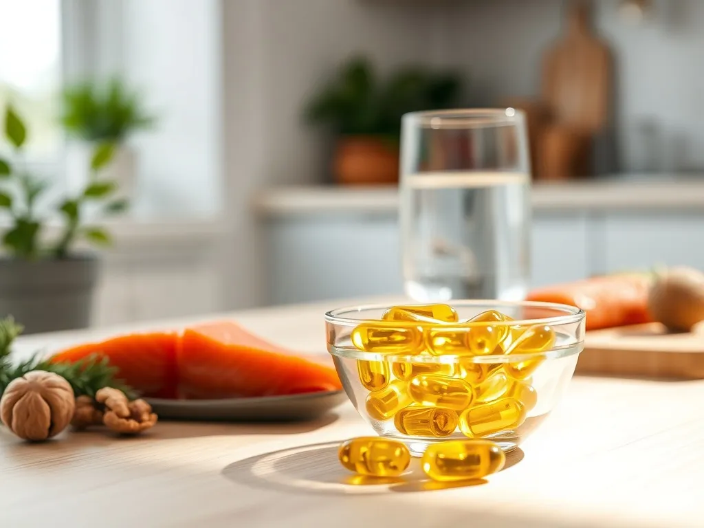 Zbliżenie kapsułek z olejem rybim obok łososia i orzechów, ilustrujące naturalne źródła kwasów omega-3