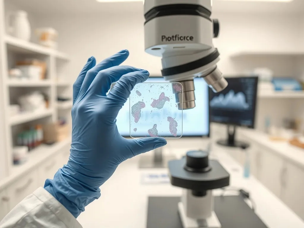 Patolog w sterylnym laboratorium analizuje próbkę pod mikroskopem, ilustrując jego obowiązki i badania diagnostyczne.