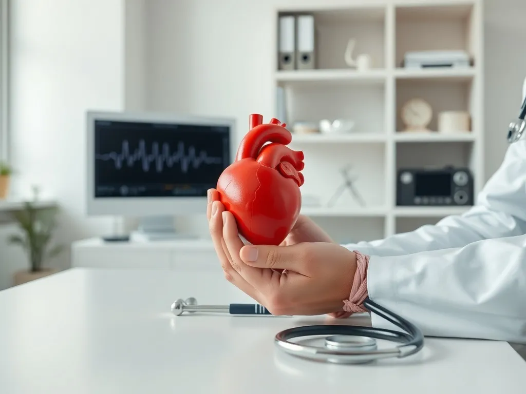 Lekarz przykłada stetoskop do czerwonego modelu serca, symbolizując diagnostykę i profilaktykę kardiologiczną.