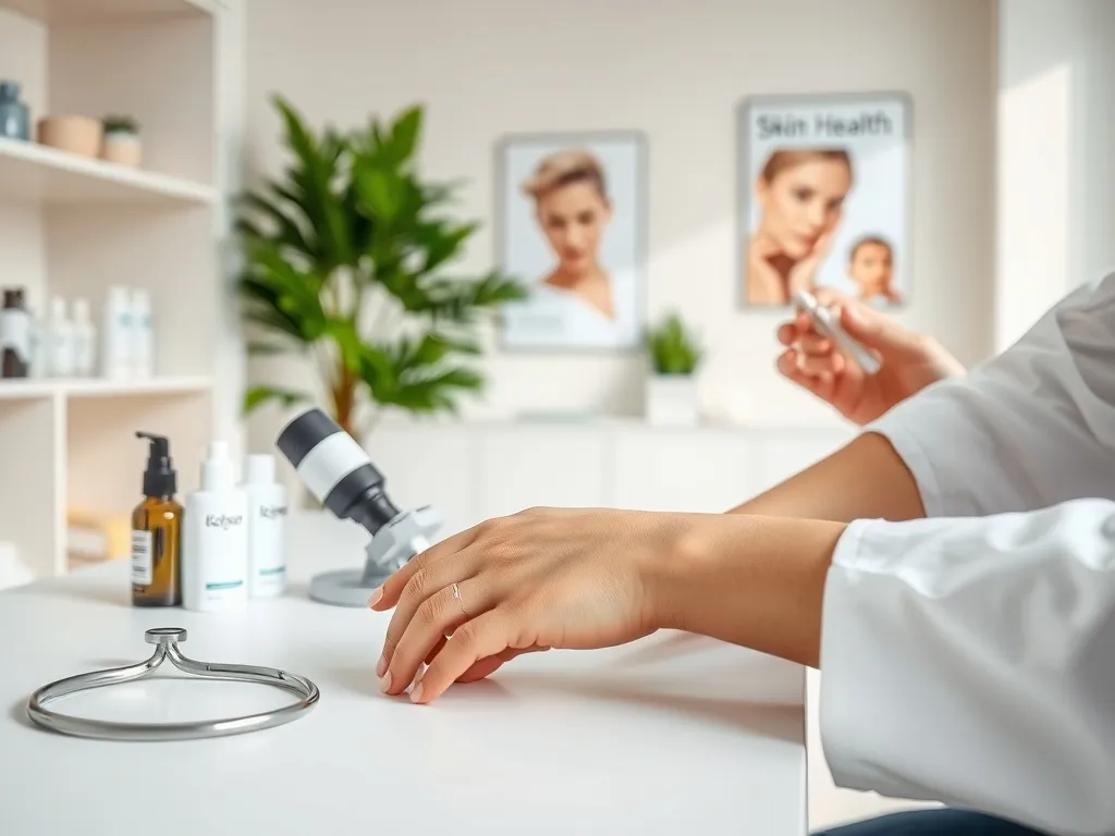 Dermatolog bada skórę pacjenta na przedramieniu w jasnym gabinecie, na biurku dermatoskop i preparaty do pielęgnacji skóry.