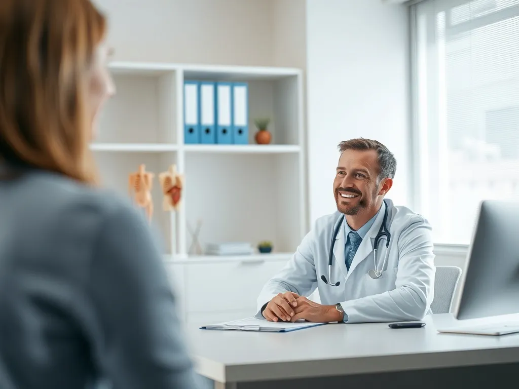 Onkolog w jasnym gabinecie spokojnie rozmawia z pacjentem przy biurku, tłumacząc możliwości diagnozy i leczenia.
