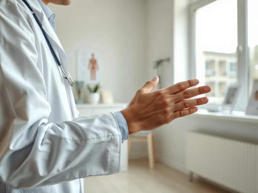 Lekarz w białym fartuchu delikatnie bada zabandażowane ramię pacjenta w nowoczesnym, jasnym gabinecie traumatologicznym.