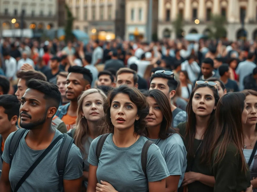 Tłum ludzi o różnych emocjach na twarzach, zgromadzony na miejskim placu, symbolizujący dynamikę i psychologię zbiorowości.