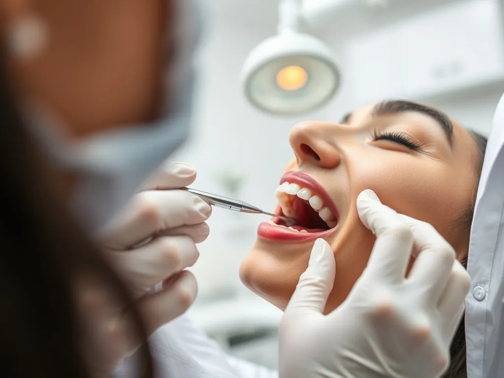 Dentysta delikatnie bada dziąsła i zęby pacjenta lusterkiem, ilustrując pracę periodontologa w gabinecie stomatologicznym.