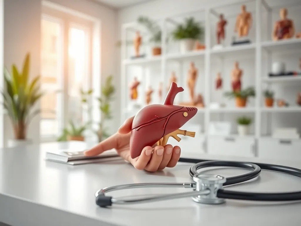 Lekarz trzyma w dłoniach model wątroby na biurku ze stetoskopem, w tle jasny gabinet hepatologiczny.
