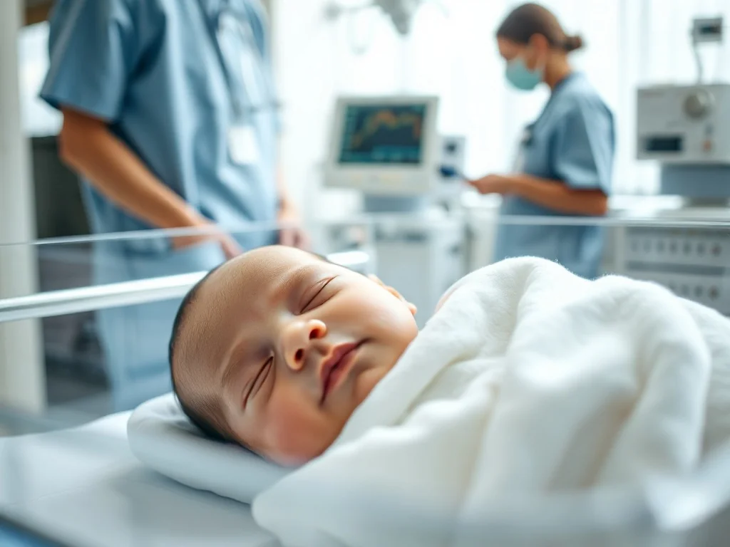 Noworodek spokojnie śpi w szpitalnym inkubatorze, w tle neonatolog kontroluje aparaturę w nowoczesnej sali.