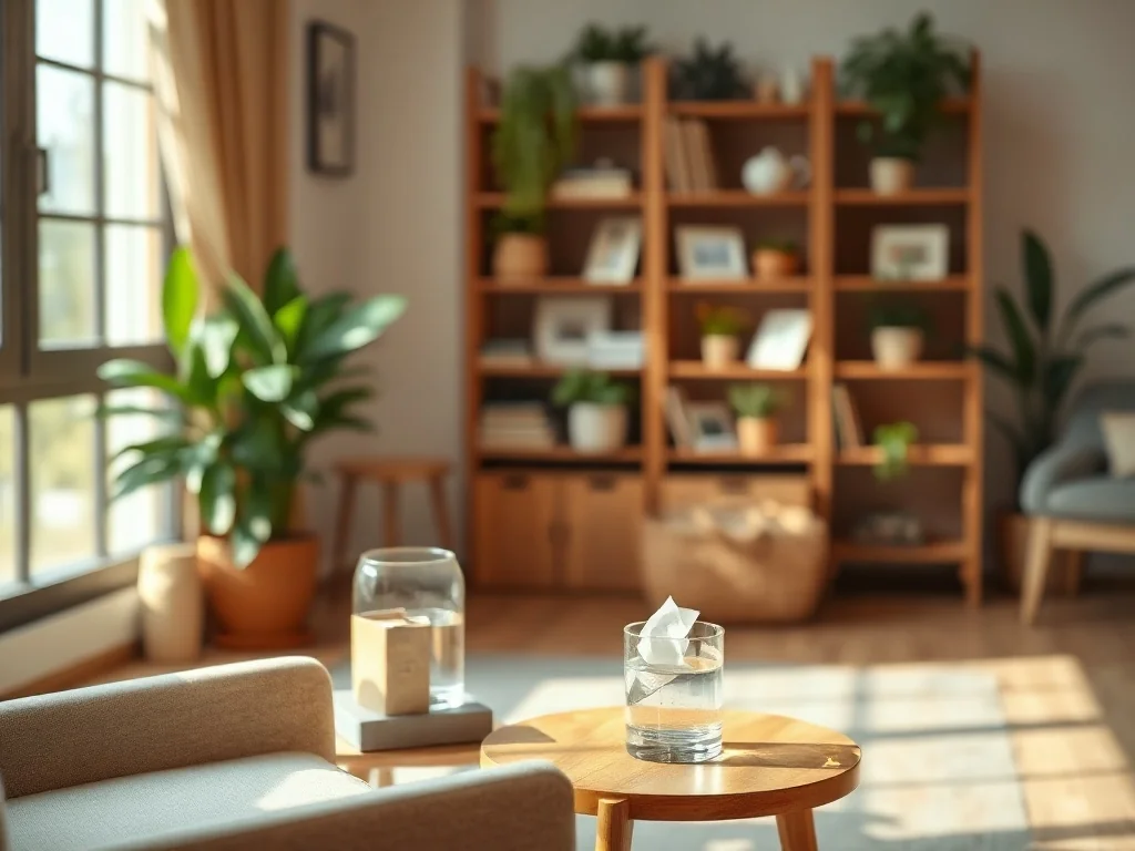 Przytulny gabinet psychoterapeuty z fotelem, stolikiem i roślinami, tworzący spokojną, bezpieczną atmosferę rozmowy.