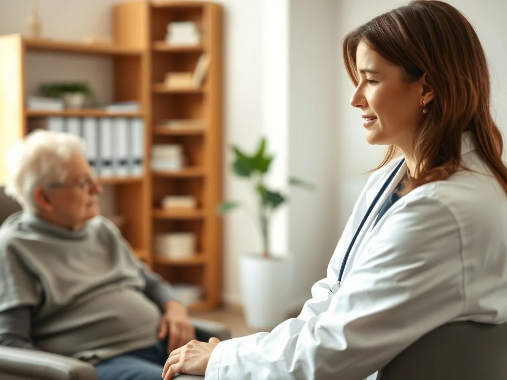 Lekarka geriatrka rozmawia z seniorem w spokojnym gabinecie, podkreślając empatyczną opiekę i badania osób starszych.