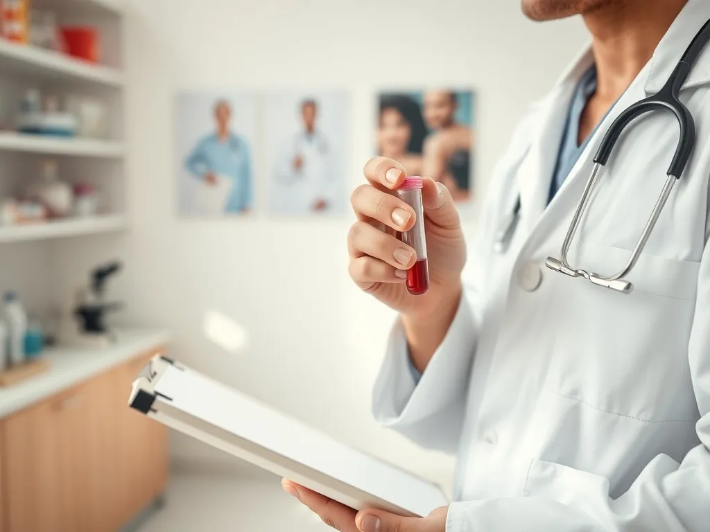 Lekarz w fartuchu trzyma probówkę z krwią i clipboard, symbolizując diagnostykę immunologiczną w nowoczesnym gabinecie.