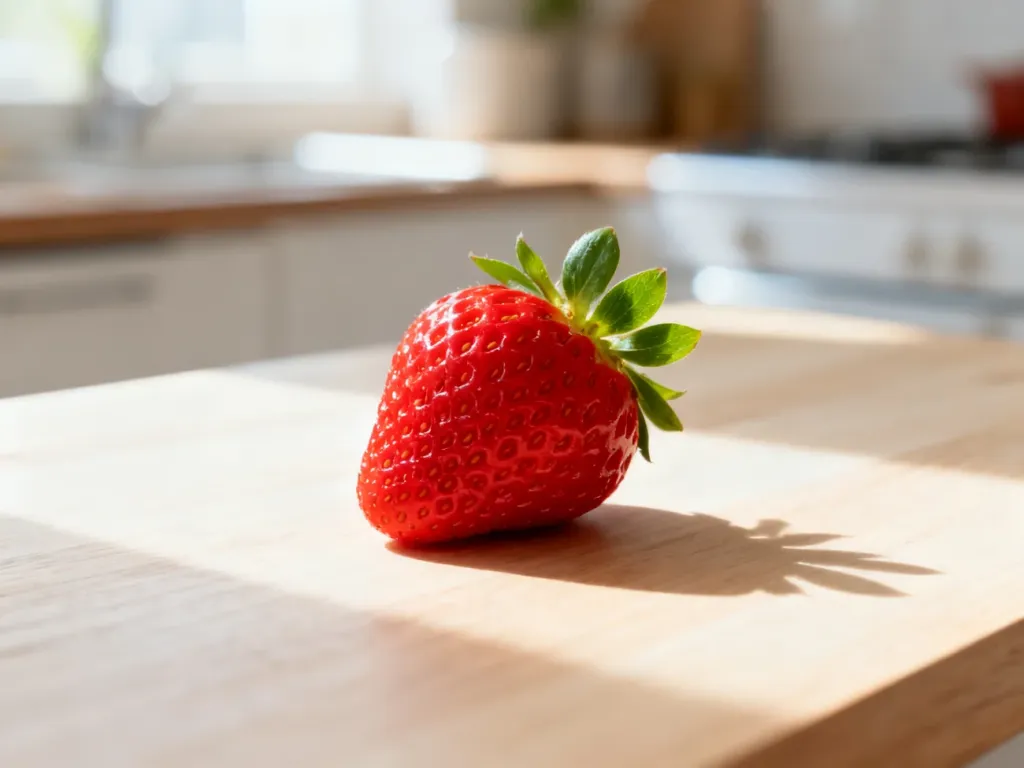 Pojedyncza, świeża truskawka na drewnianym blacie w jasnej kuchni, symbolizująca zdrową dietę wspierającą wątrobę.