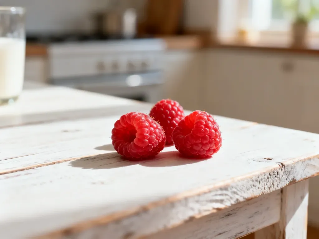 Garść świeżych, czerwonych malin na drewnianym stole, podkreślająca ich naturalną świeżość i zdrowy charakter.
