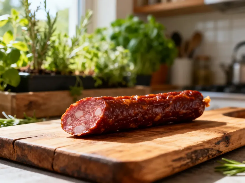 Kabanos na drewnianej desce do krojenia w otoczeniu ziół, podkreślający wysoką jakość i teksturę produktu.
