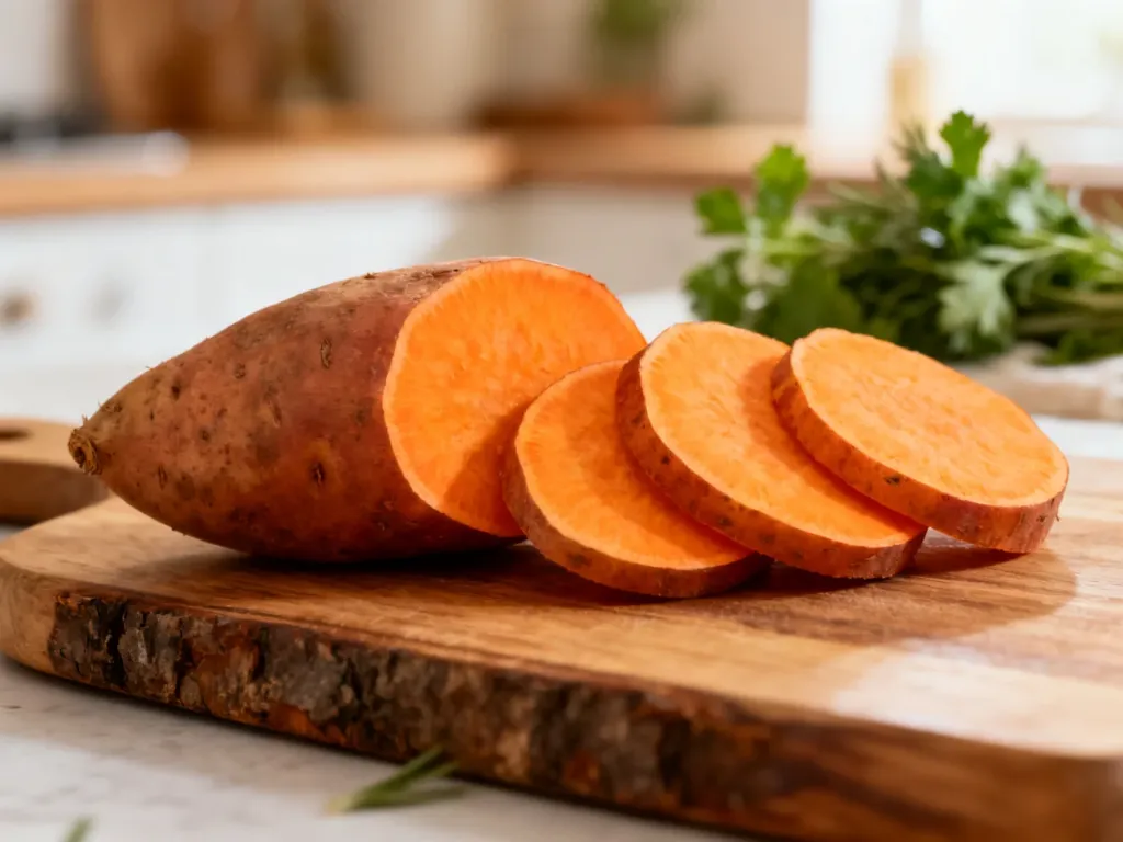 Surowy, pokrojony batat z widocznym pomarańczowym miąższem na rustykalnej desce w jasnej kuchni.