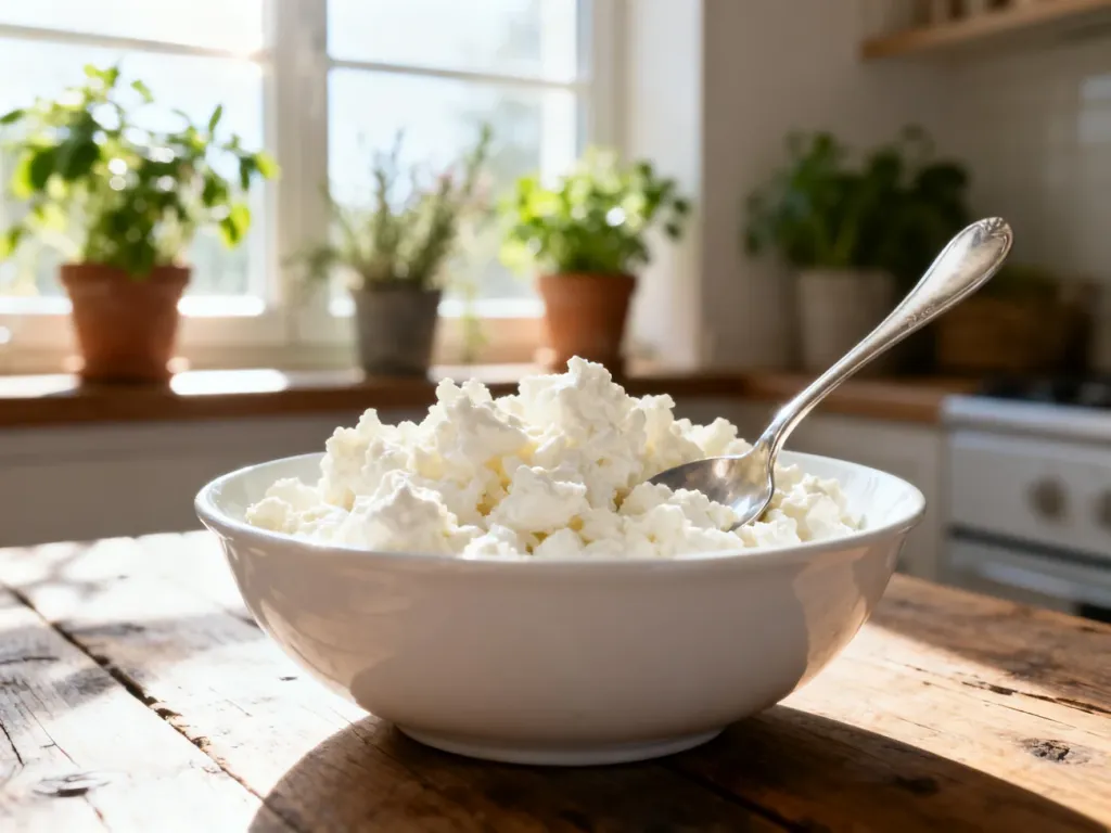 Miska świeżego twarogu z łyżeczką na drewnianym stole w słonecznej kuchni.