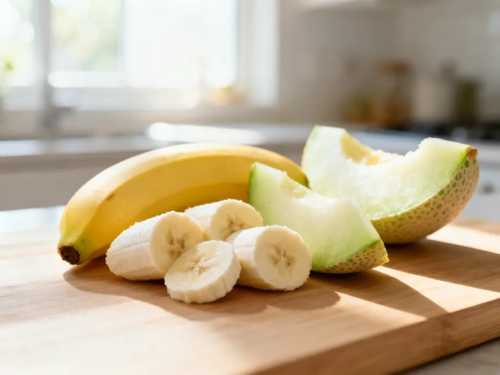 Pokrojony banan i kawałki melona na drewnianym blacie, podkreślające wybór lekkostrawnych owoców przyjaznych dla żołądka.