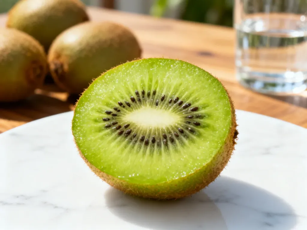 Świeży, przekrojony owoc kiwi na marmurowym blacie, ukazujący soczysty, zielony miąższ i drobne czarne nasiona.