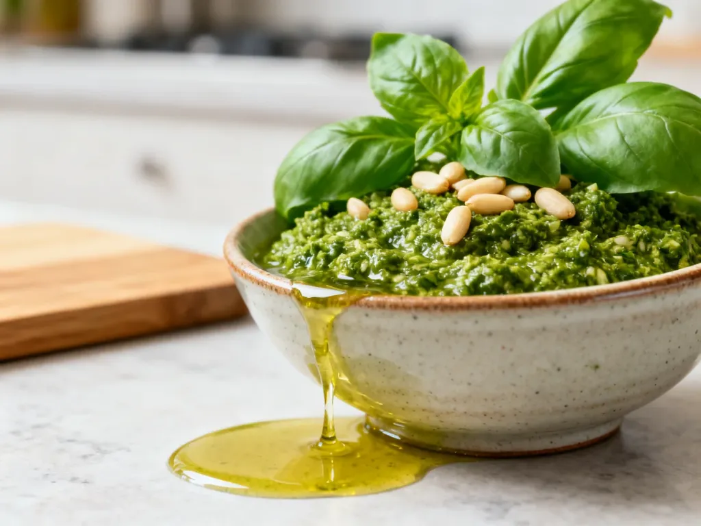Miska świeżego zielonego pesto z bazylii, orzeszkami pinii i oliwą z oliwek na kuchennym blacie.
