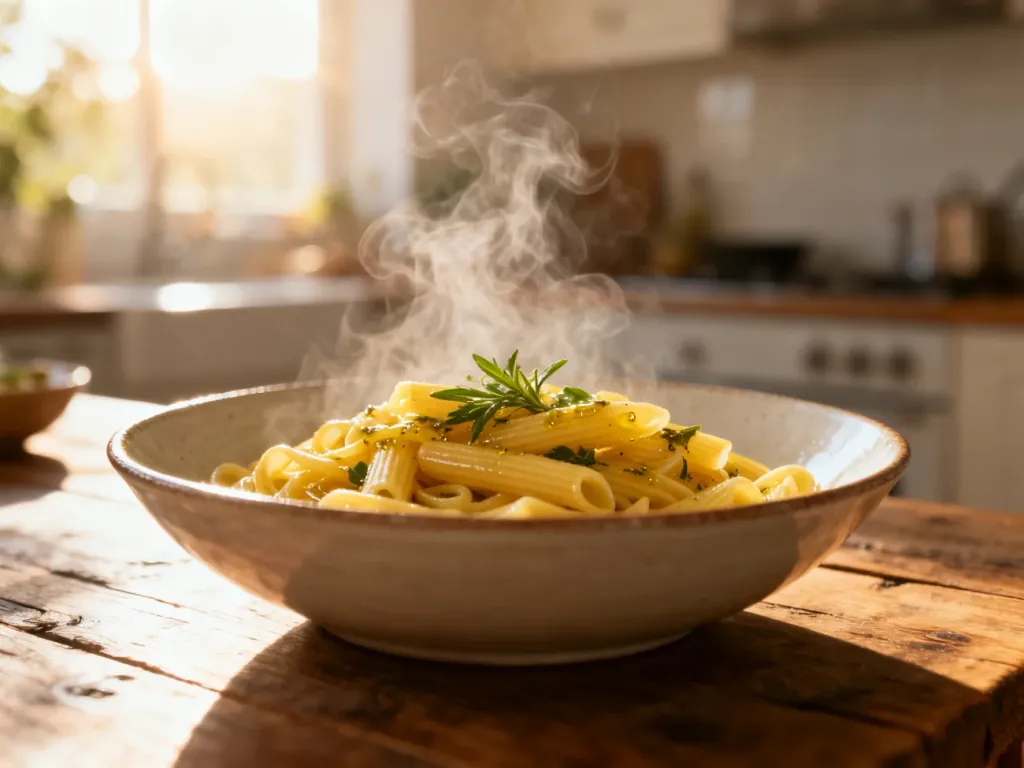 Parująca miska makaronu al dente z oliwą i ziołami na drewnianym stole, prezentująca apetyczny i lekki posiłek.