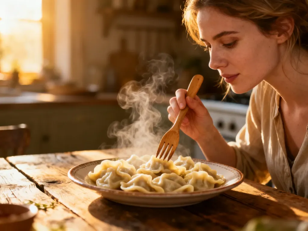 Parujący talerz domowych pierogów na drewnianym stole, przygotowany do posiłku w przytulnej, słonecznej kuchni.