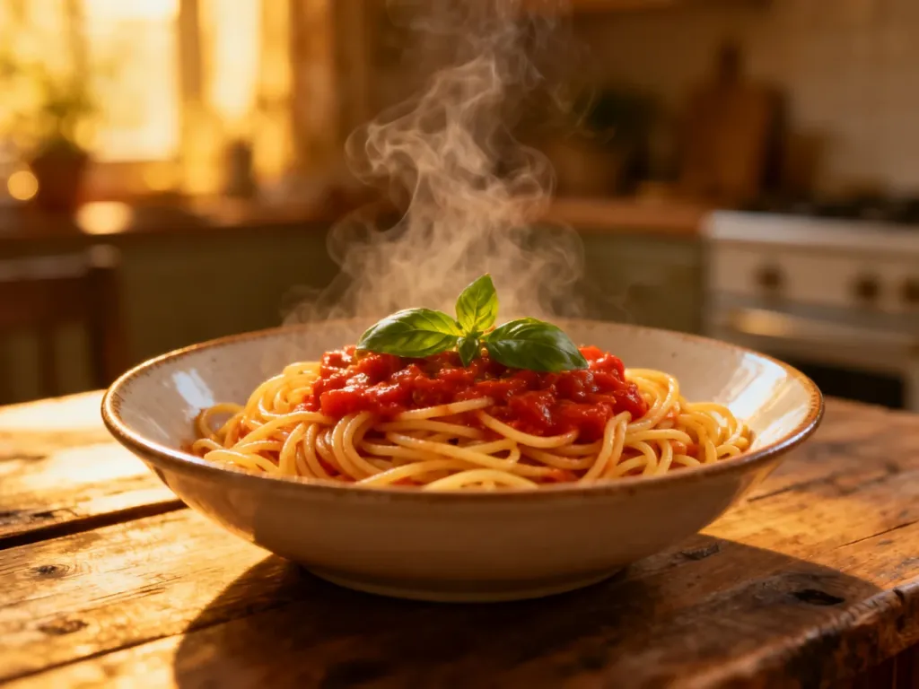 Miska parzącego spaghetti z sosem pomidorowym i świeżą bazylią na drewnianym stole.