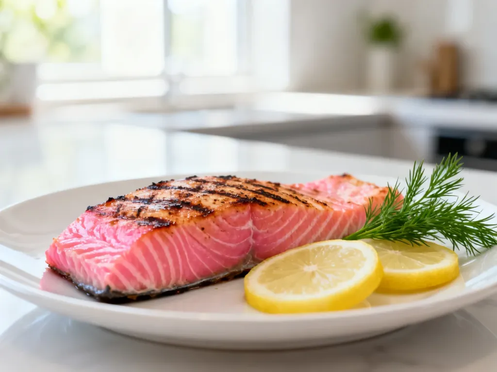 Pieczony filet z łososia podany z cytryną i koperkiem na białym talerzu, podkreślający lekkostrawny charakter dania.
