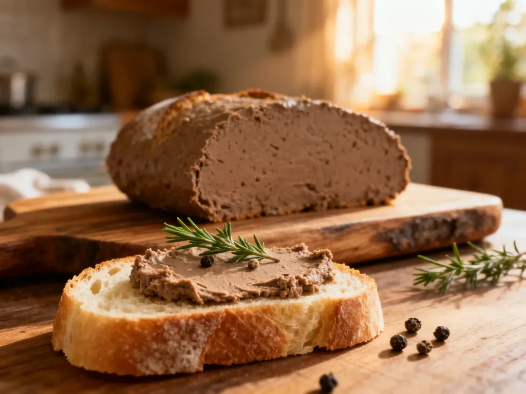 Kromka świeżego chleba z pasztetem na drewnianej desce, udekorowana gałązką tymianku i ziarnami pieprzu.